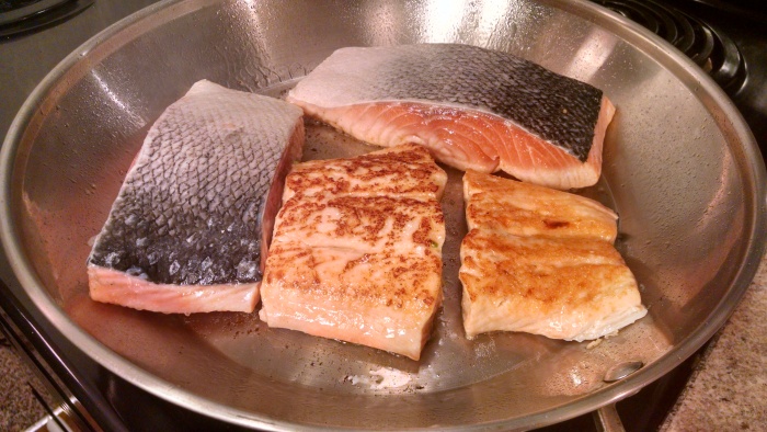 Once you see the nice sear on the fish, you're ready to flip!